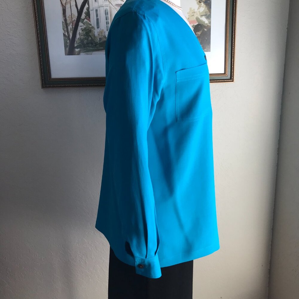 Valerie Stevens Petite Pure Silk Turquoise Blouse - Size PM - Picture 3 of 14